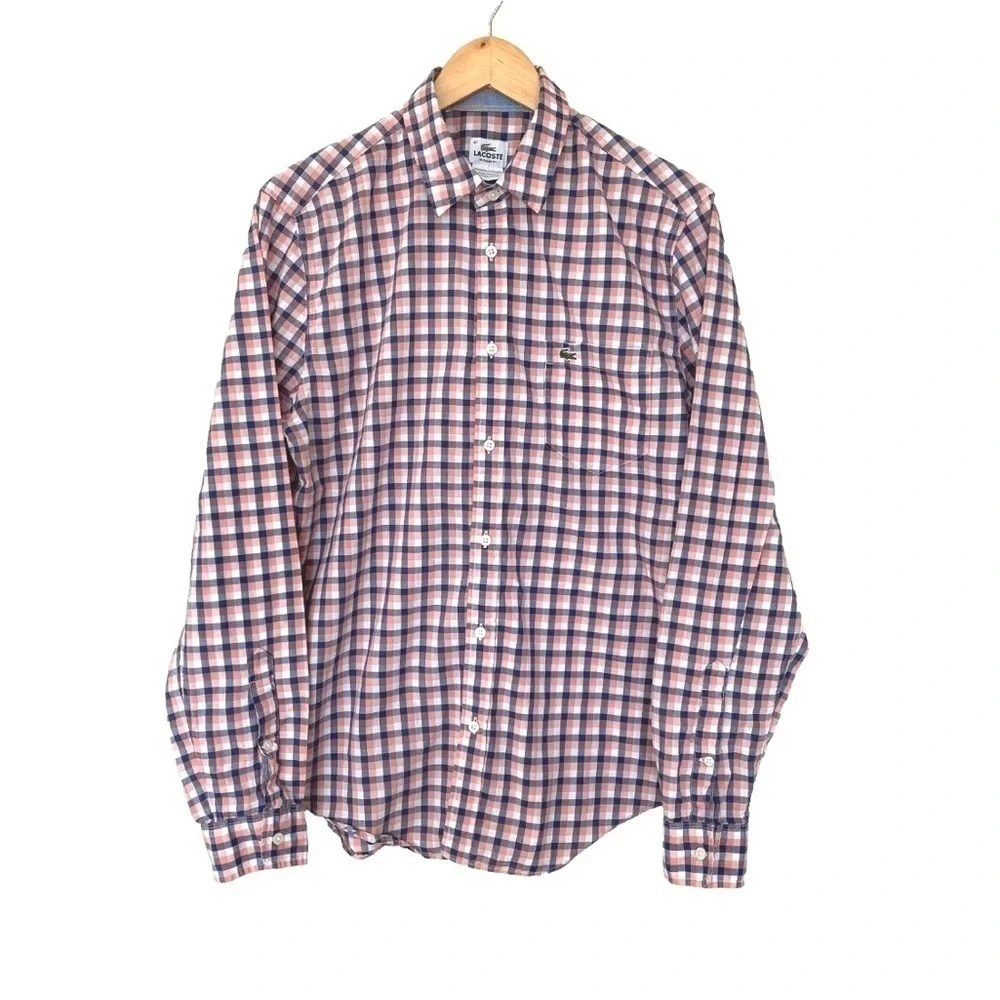 Lacoste Regular Fit Long Sleeve Lightweight Button Shirt Gingham Sz 41 (M-L) - Picture 2 of 11